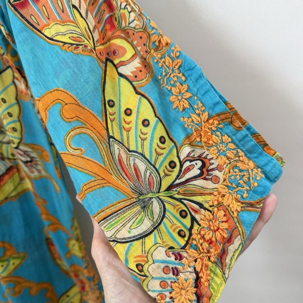 Amaya Embroidered Tunic Women's Small 100% Cotton Blue Floral Butterfly Cover Up - Picture 5 of 9